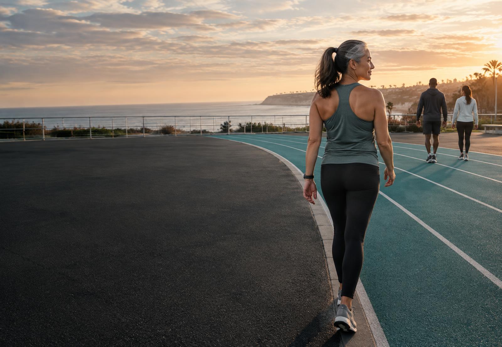 Woman walking toward an outdoor track with other adults in the distance
